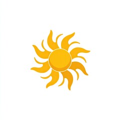 A stylized, bright yellow sun with flame-like rays on a white background