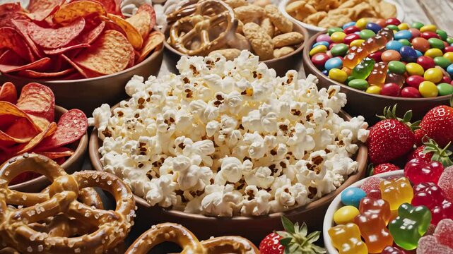 Assortment of snacks in bowls ready for consumption overhead view