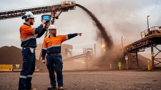 two workers orange safety vests inspecting conveyor at dusty openpit mining site, using handheld tablet to monitor material flow while coordinating operations near heavy machinery