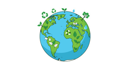 Fototapeta premium A vibrant blue and green Earth globe adorned with green leaves, recycling symbols, water droplets, and small growing plants.