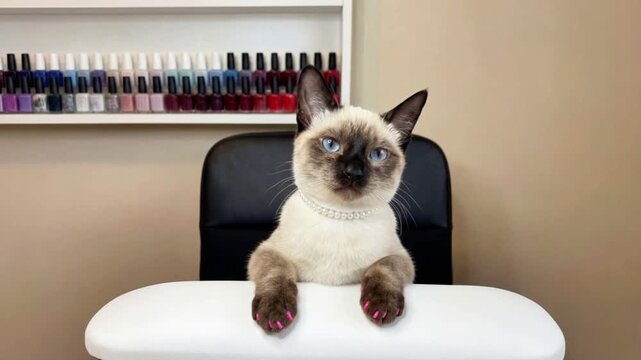 siamese cat in a pearl necklace sits in a nail salon and demonstrates its new pink manicure