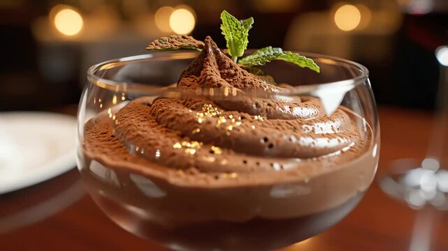 Chocolate dessert in a glass with garnish and bokeh background