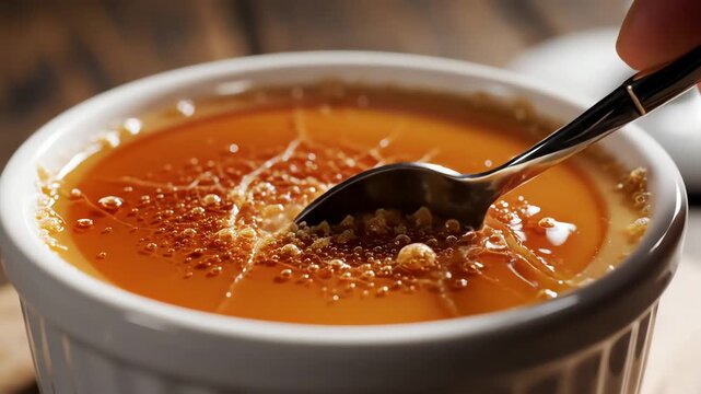 Close up of a caramel custard dessert in a white ramekin