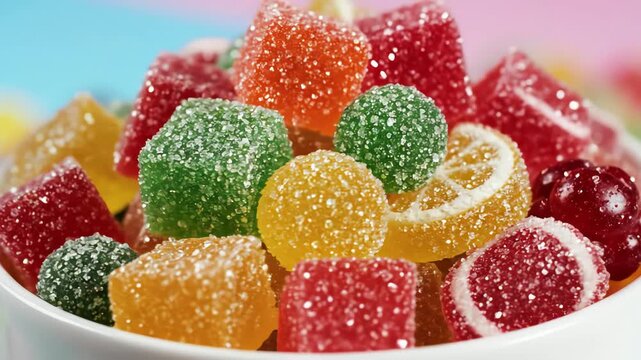 Close up of assorted colorful candies in a white bowl