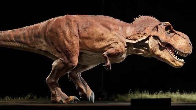 4K Powerful tyrannosaurus rex dinosaur, a fearsome prehistoric predator, walking with mouth open, detailed 3d render on a dark background video