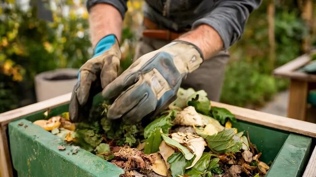 Gardener layering green and brown materials in a compost bin demonstrating effective balancing for healthy decomposition.