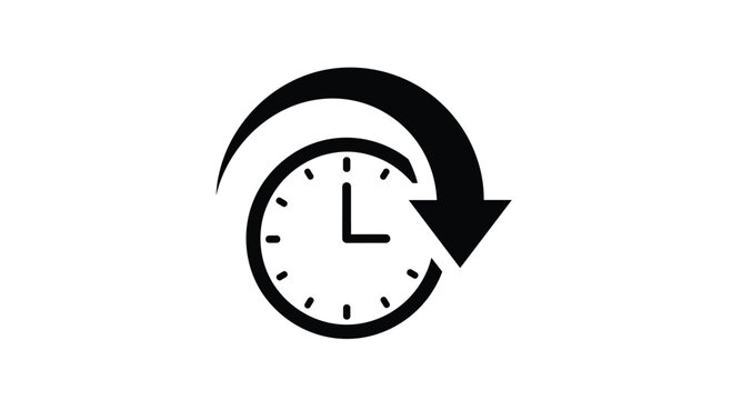 Black clock icon with a circular arrow indicating refresh or time reversal movement on a clean white background.