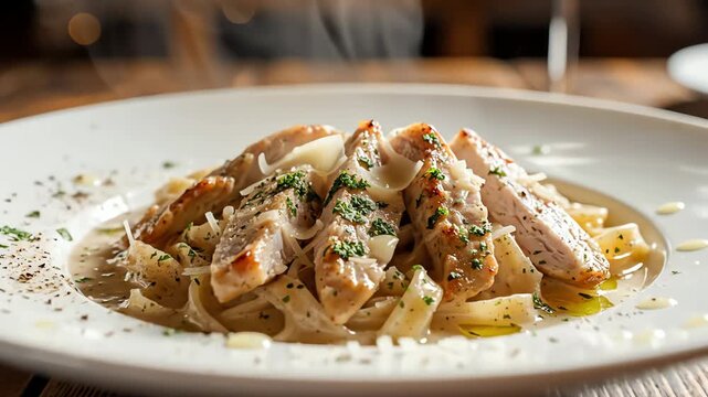 Close up of pasta with sliced meat on a white plate
