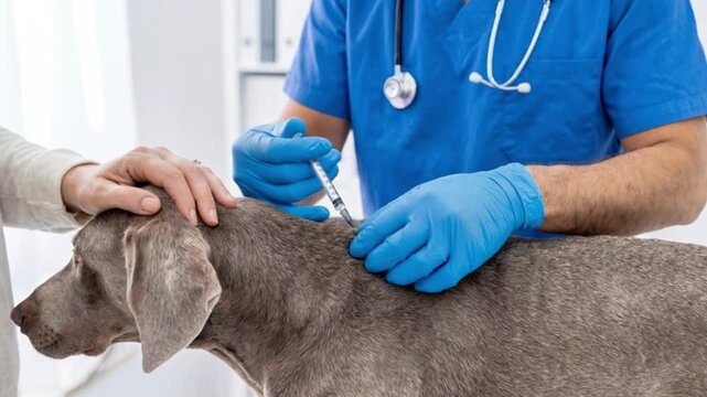 professional veterinarian in blue uniform and gloves administering subcutaneous injection to a dog at medical checkup