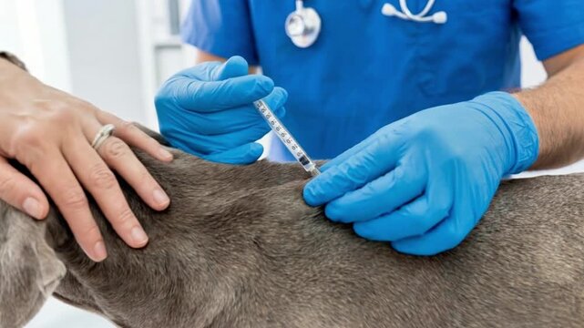 professional veterinarian in blue gloves and scrubs giving an injection to a grey dog in a clinic