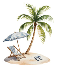 Relaxing summer seaside scene with wooden deck chairs and green parasol in watercolor. © Sadhana