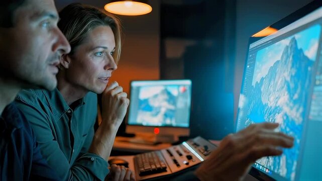 caucasian analysts study satellite imagery on monitor in dim creative studio, dual screens showing mountain map layers, developer and designer crosscheck visualization parameters, coffee