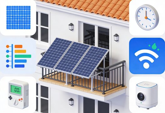 Innovative solar panel installation on a modern balcony showcasing energy efficiency, real time monitoring, and smart home integration for a sustainable future
