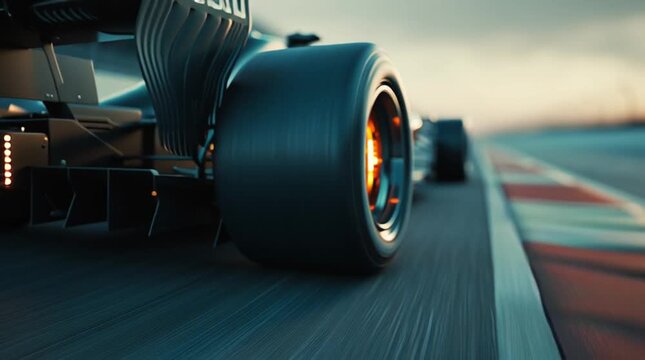Closeup of formula 1 race car tire in motion on track at sunset