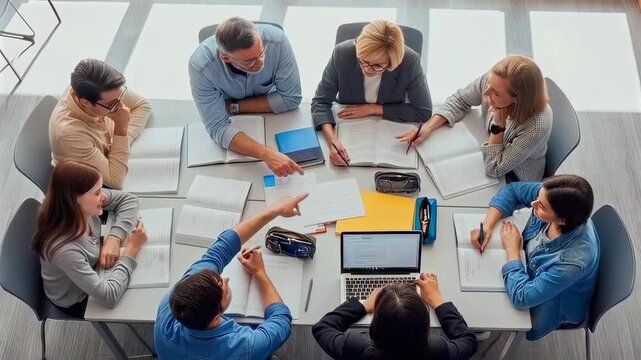 team workshop around round table with tablet and documents, facilitator guiding planning conversation, hands pointing to goals and agenda, collaborative decisionmaking, training vibe