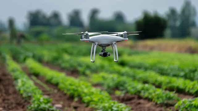 Medium shot of a drone flying over a lush agricultural field capturing remote sensing data for crop health and soil analysis.