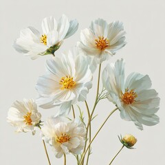 Fototapeta premium Delicate white daisy-like flowers with yellow centers bloom gently