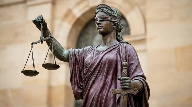 Blindfolded Lady Justice Statue with Scales and Sword, Symbolizing Impartiality, Fairness, and the Rule of Law