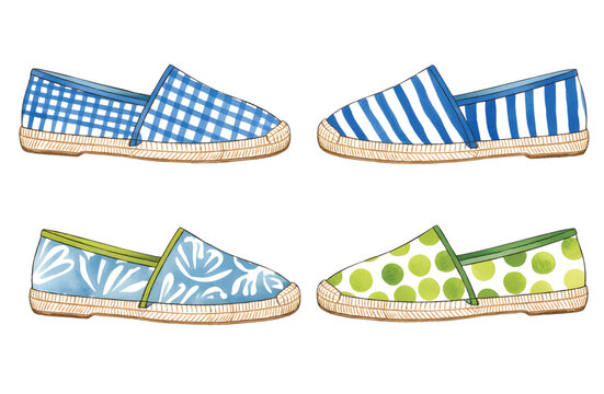 Coastal style watercolor slip-on shoes in striped and polka dot designs.