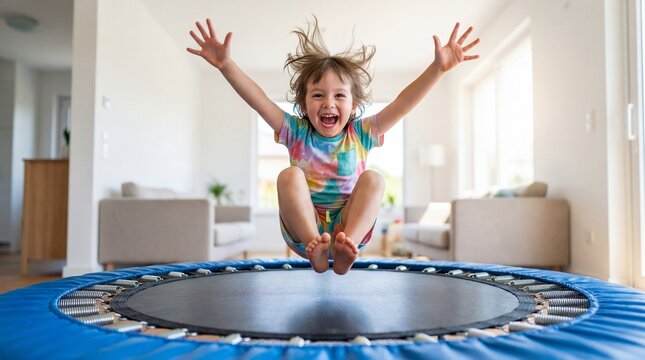 Happy child jumping on indoor trampoline with arms outstretched  