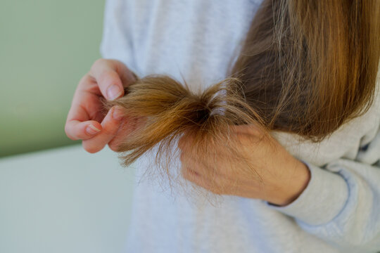 Close-up of hands holding long brown hair with visible split ends and dryness. Focus on fragile, damaged hair and hair care concept.