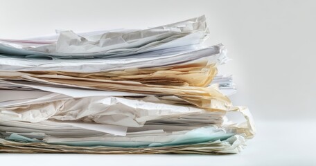 The Stack of Papers on White Background Conveying Messy Office Clutter and Detail