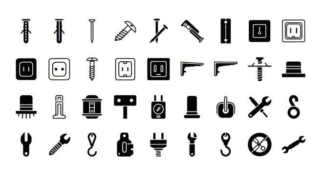Set of construction and DIY tool icons, including wrenches, screws, plugs, and electrical outlets