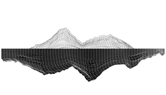 Abstract black and white graphic representation of mountains and their reflection or underground structure, high contrast line art style modern science or technology art elements