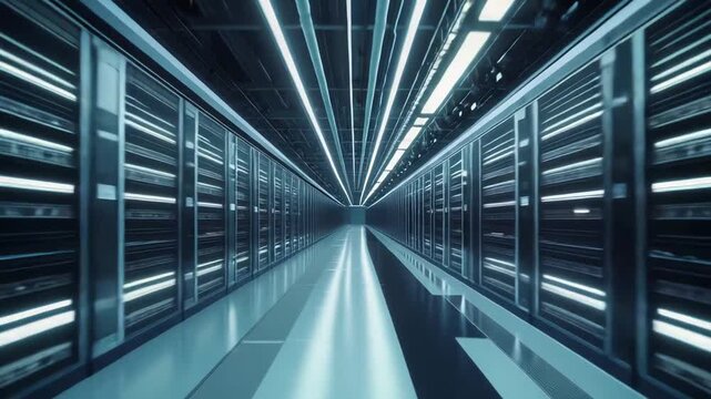 Rows of server racks extending into the distance, reflecting glowing lights on the polished floor, creating a futuristic infinite corridor for data storage and network connectivity