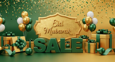 Naklejka premium Spectacular Eid Mubarak Festive Sale Event with Elegant Gifts, Golden Confetti, and Celebration Balloons