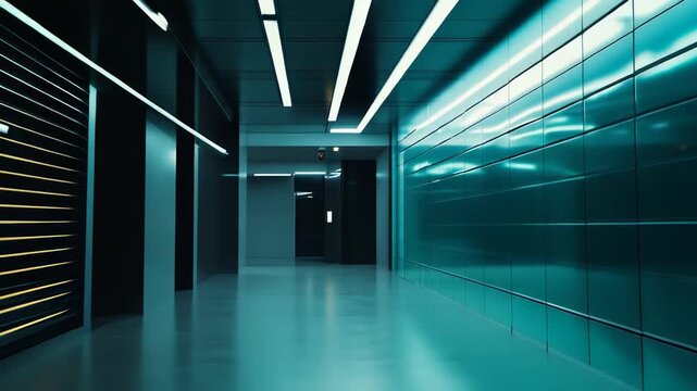 Futuristic modern empty hallway featuring neon teal lighting, sleek metallic surfaces, and minimalist design, creating a sense of innovation and forward thinking technology