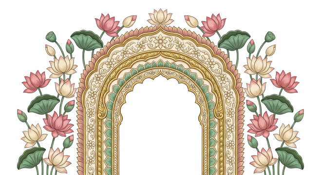 Ornate traditional indian archway decorated with lotus flowers and detailed floral patterns vector illustration