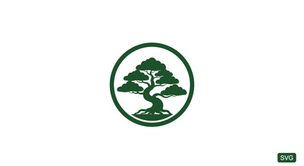 Green Bonsai Tree Icon in Circle, Minimalist Design, White Background