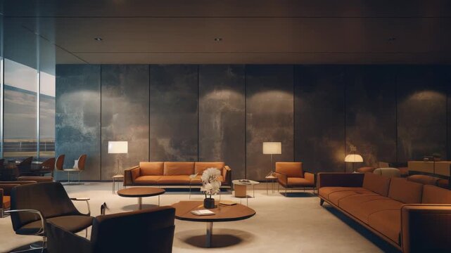 Guests relax in a stylish and inviting executive lounge, featuring contemporary design, soft lighting, and plush seating arrangements, creating an atmosphere of comfort and exclusivity before travel