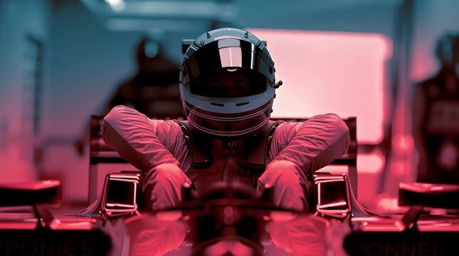 Formula 1 driver in cockpit wearing helmet, dramatic red and blue lighting