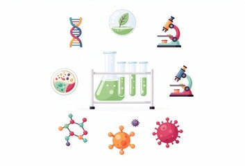 Obraz premium Laboratory scene showcasing various scientific elements including DNA strands, petri dishes, cellular structures, and microscopes representing the intersection of biology and innovation in