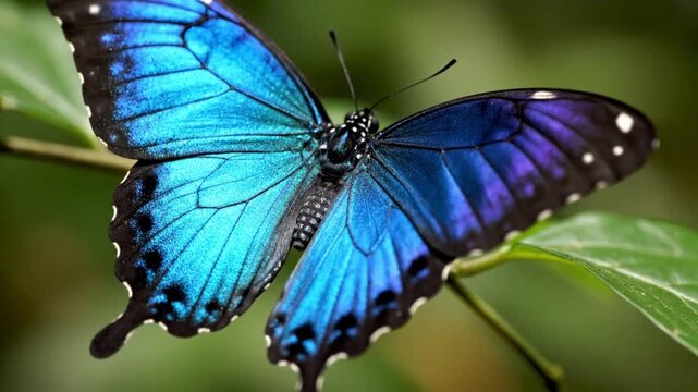 Vibrant Blue Morpho Butterfly Resting on Green Leaf