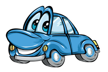 Cute blue cartoon car character, illustrated and isolated on a white background