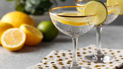 Refreshing citrus cocktails with lemon lime garnish on spotted napkin