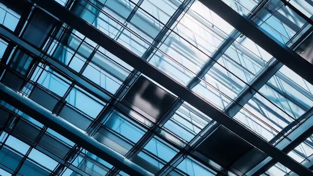 Modern glass roof and metal framework form a geometric grid, sunlight filtering through panels to create a clean, futuristic architectural pattern and bright interior atmosphere
