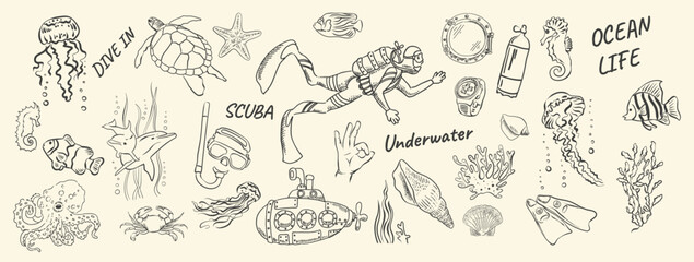 Hand Drawn Underwater Doodle Set with Scuba Diver and Marine Life © Natali
