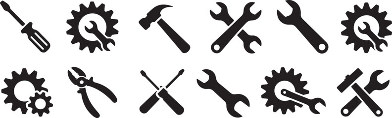 Collection of black tools and gears on white background for design