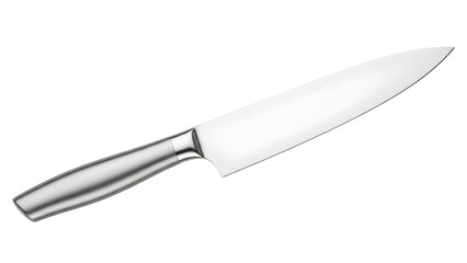 A shiny kitchen knife with a silver handle and white blade on a table