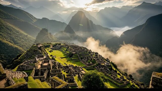 Majestic Machu Picchu Ancient Inca Citadel in the Andes Mountains Peru.