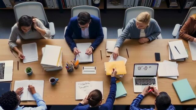 creative team collaborating over laptops and papers, sketching ideas and reviewing mockups, colorful stationery and sticky notes, fastpaced ideation, collaborative energy, studio desk setup