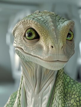 Extraterrestrial reptile being observing in futuristic laboratory