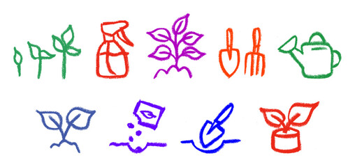 Obraz premium Simple Gardening Icons Crayon Chalk Drawing Doodle Vector Set