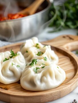 Steaming dumplings garnished with parsley on wooden plate