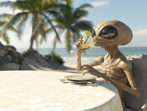 Alien enjoying a tropical vacation on the beach