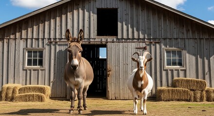 Obraz premium A donkey and a goat standing side by side in front of a rustic weathered wooden barn with hay bales